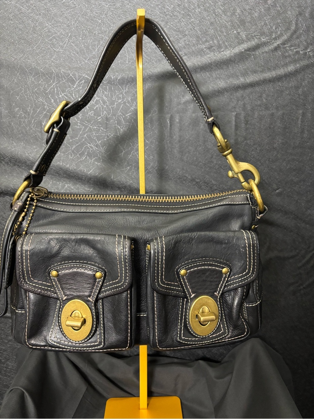 Vintage Coach Legacy 10328 Black Leather Double Turnlock Shoulder Bag Y2K
